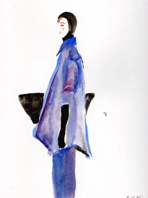 fashion illustration of a figure in a blue coat carrying a purse.