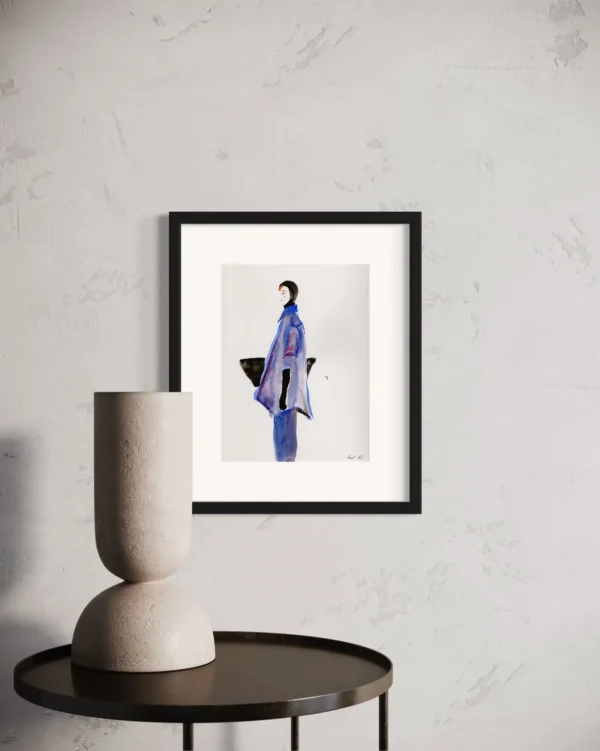 blue mall girl fashion illustration framed in a home setting.