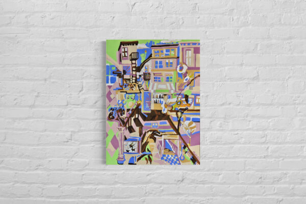 Photograph of the original acrylic painting Brooklyn placed on a white brick wall showing placement options for the piece to advertise its sale.