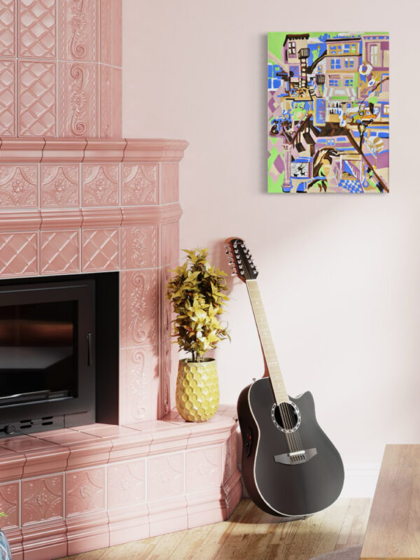 Photograph of the original acrylic painting Brooklyn placed on a pink wall near a fireplace and above a black guitar showing placement options for the piece to advertise its sale.