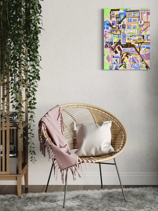 Photograph of the original acrylic painting Brooklyn placed on a white cream-colored wall above a chair showing placement options for the piece to advertise its sale.