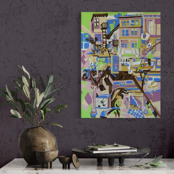 Photograph of the original acrylic painting Brooklyn placed on a dark grey wall above a white table with decorative objects, showing placement options for the piece to advertise its sale.